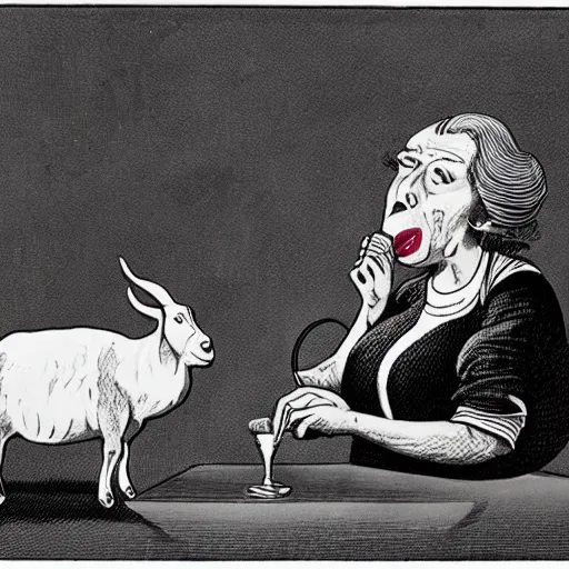 Prompt: a surrealist cartoon image of an old woman swallowing a whole goat