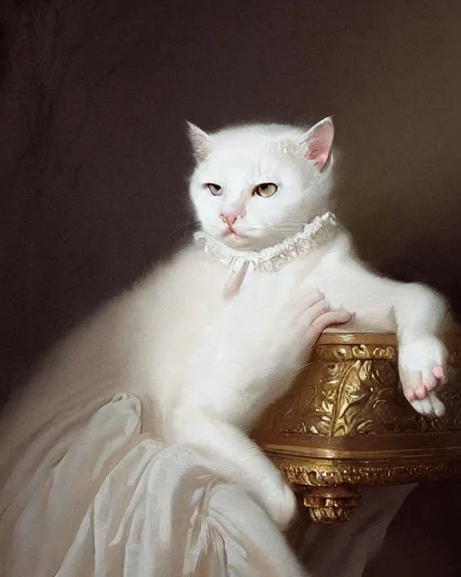 Image similar to cute white cat with blue eyes dressed like marie antoinette, joseph ducreux, greg rutkowski, baroque rococo fashion, royal portrait, elegant, luxurious, oil painting