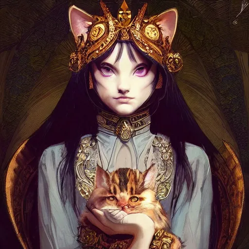 Image similar to A heraldic queen kitty cat with big cute eyes, D&D, fantasy, intricate, cinematic lighting, highly detailed, digital painting, artstation, concept art, smooth, sharp focus, illustration, art by Akihiko Yoshida, Greg Rutkowski and Alphonse Mucha