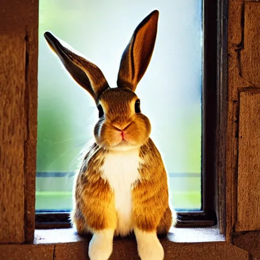 Prompt: bunny rabbit sitting on the window,sunny