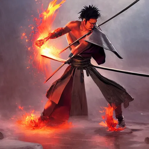 Image similar to ancient samurai battling an obsidian Japanese demon with great flaming eyebrows, by Stanley Artgerm Lau, WLOP, Rossdraws, James Jean, Andrei Riabovitchev, Marc Simonetti, Yoshitaka Amano, ArtStation, CGSociety,