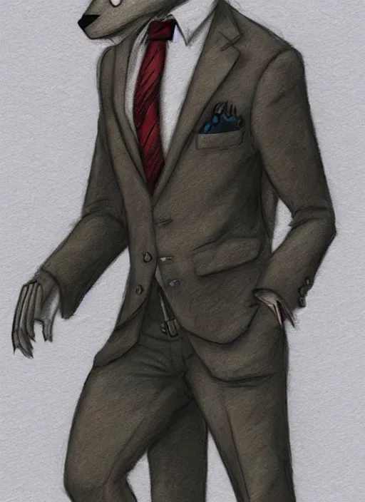 Image similar to master furry artist colored pencil drawing full body portrait character study of the anthro male anthropomorphic wolf fursona animal person detective wearing suit and tie