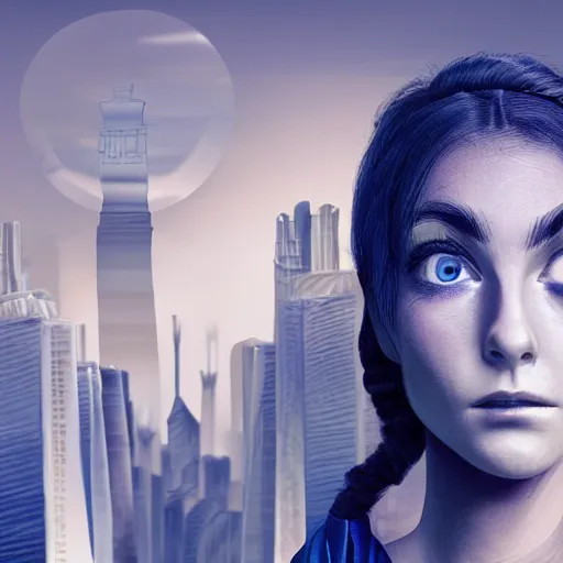 Image similar to A beautiful performance art of a young woman with big blue eyes. She has long lashes and a small mouth. Her hair is pulled back in a bun with a few stray hairs falling down. She's wearing a white dress with a blue sash and a blue scarf around her neck. In the background is a cityscape with tall buildings. Ancient Roman, jet black by J.M.W. Turner, by Otto Dix colorful