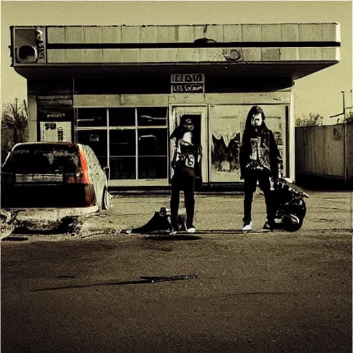 Image similar to “ group of goth punks smoking cigarettes sitting on car at an abandoned 7 - eleven convenience store, apocalyptic, photorealism, detailed ”