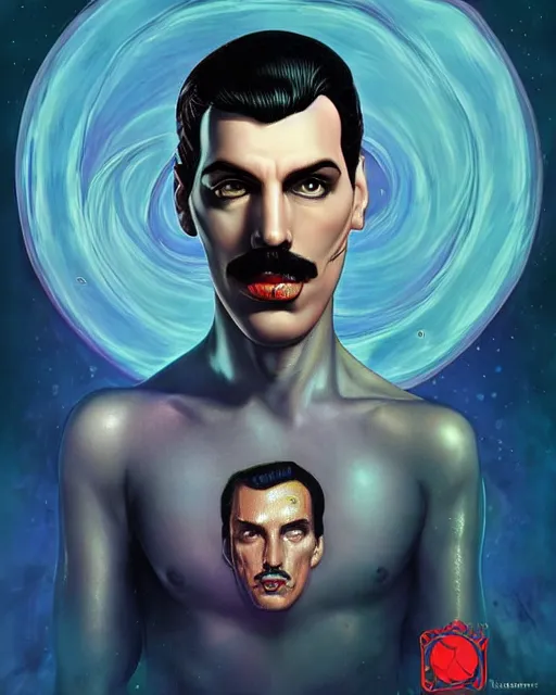 Image similar to lovecraft lovecraftian portrait of freddie mercury, pixar style, by tristan eaton stanley artgerm and tom bagshaw, retro future