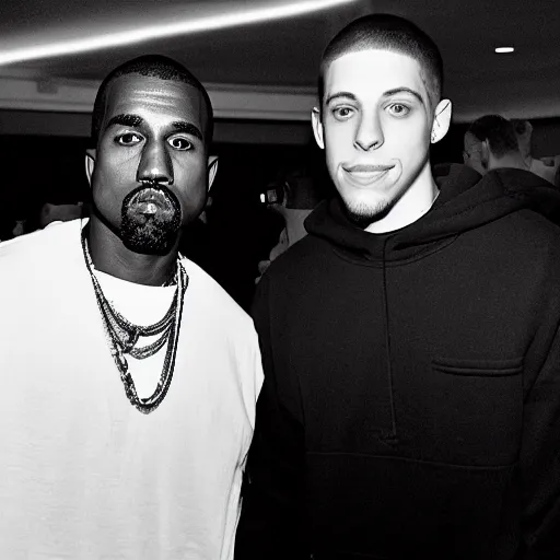 Image similar to a black and white photo of kanye west and pete davidson shaking hands