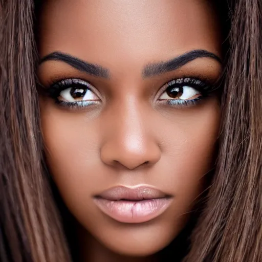 Image similar to a closeup portrait of a black woman with brown hair and brown eyes. Extremely clear and high quality eyes with reflection, realistic face and details, clear lips and high quality