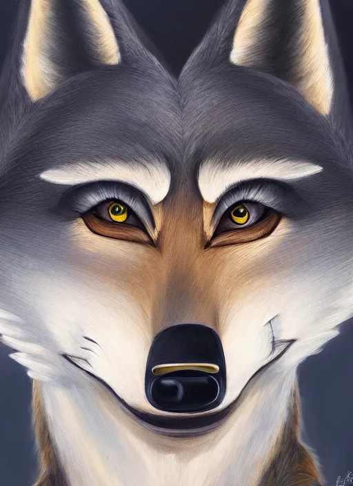 Image similar to oil painting of anthromorphic female wolf, in style of zootopia, female fursona, furry, furaffinity, 4 k, deviantart, furry art, fursona art, wearing black business suit, business suit, wolf fursona, female, very expressive detailed feminine face,