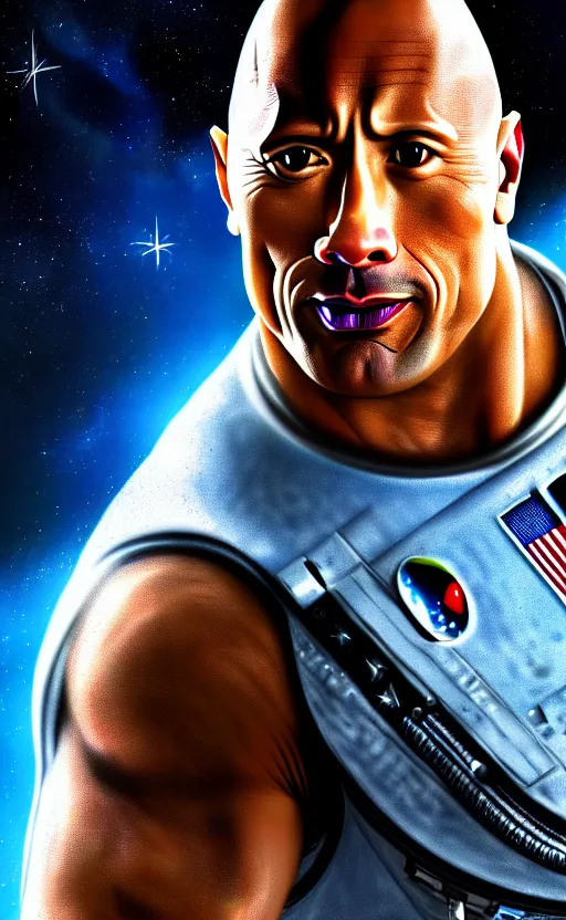 Image similar to dwayne the rock johnson wearing a space suit, very detailed face, 4 k upscaled high quality, digital art, realistic