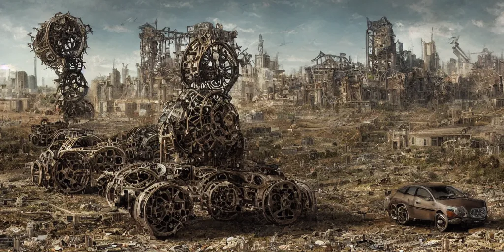 Image similar to a giant mechanical structure made of many machine parts and buildings and flowers on wheels moving through a desolate landscape, hyperrealism, highly detailed