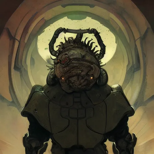 Image similar to portrait of hulking, brutish clone with vacant expression and giant isopod attached to back of neck, wearing brutalist black steel power armor and camoflauge cloak, clearly visible face, science fiction concept art by Anato Finnstark, Alphonse Mucha, and Greg Rutkowski