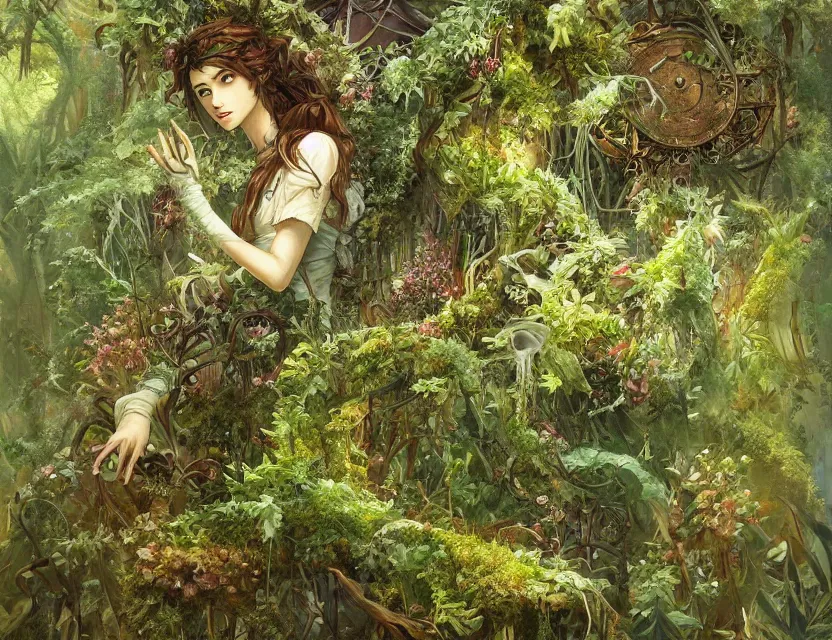 Image similar to the clockwork princess overgrown by plants. this oil painting by the award - winning mangaka has interesting color contrasts, plenty of details and impeccable lighting.