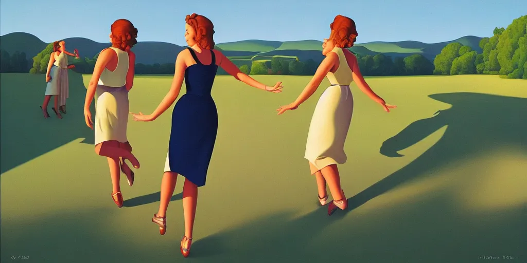 Image similar to sister dancing, blue sky, summer evening, kenton nelson