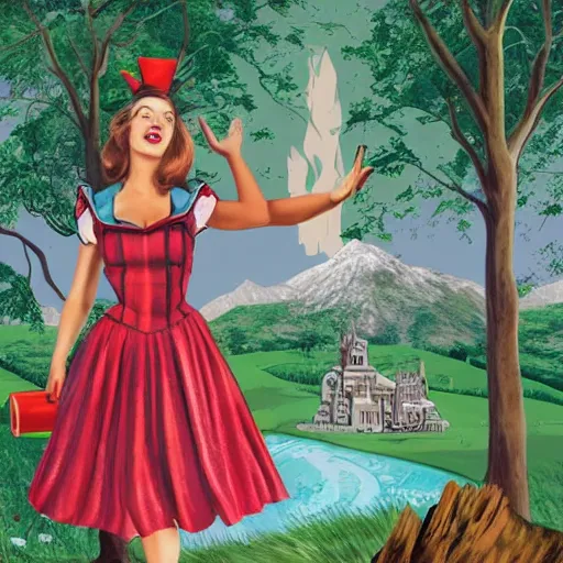 Image similar to giant alice in wonderland, pin up, houses, trees, mountains, woman, city, photo