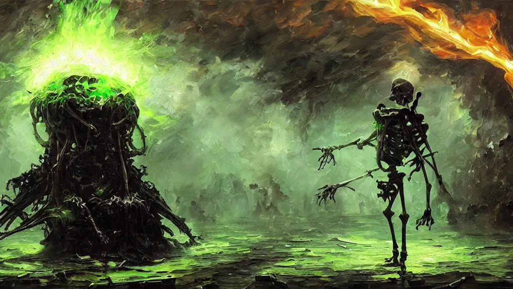 Prompt: A highly detailed oil painting by Greg Rutkowski and Afremov of a skeleton wearing black robes making a potion glowing bright green in a huge bubbling cauldron, highly detailed fantasy concept artwork, very realistic.