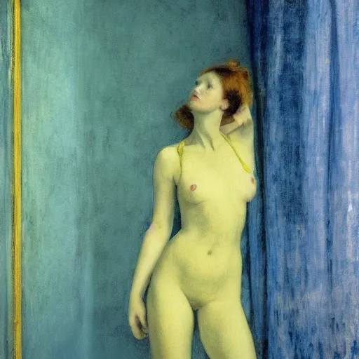 Prompt: close up of a beautiful girl in a blue and gold haunted liminal abandoned room, film still by edward hopper, by Pontormo, by klimt, art noveau, highly detailed, strong lights, liminal, eerie, Bright pastel colors