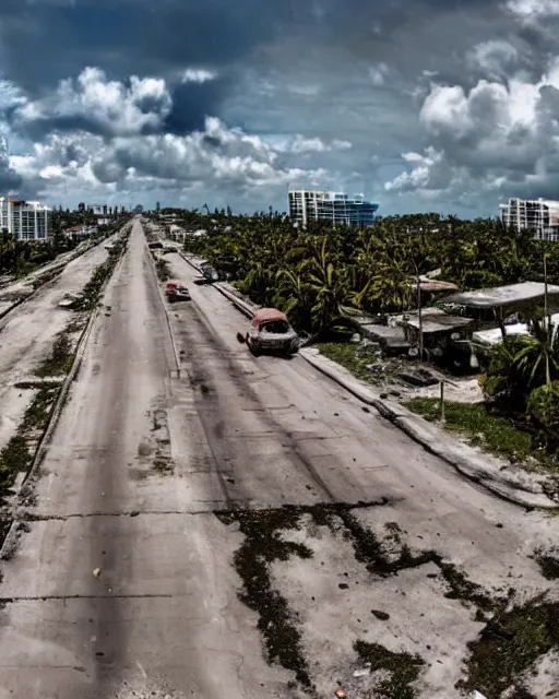 Prompt: wide angle shot of dilapidated fallout 5 miami, tropical coastal city in real life, desolate, dilapidated, empty streets, some rusted retro futuristic vintage styled parked vehicles like cars, buses, trucks, trams, sunny weather, few clouds, volumetric lighting, photorealistic, daytime, spring, sharp focus, ultra detailed,