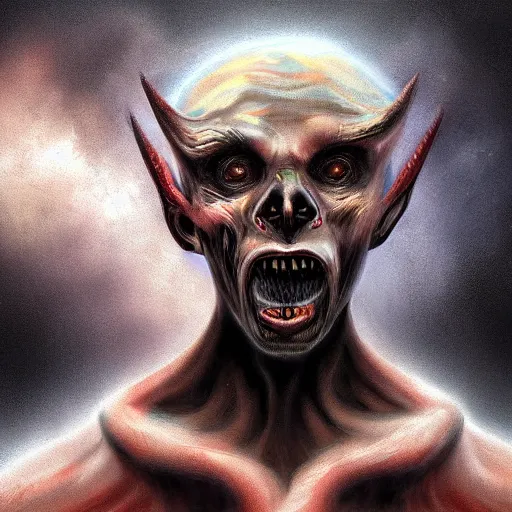 Prompt: a stunning digital painting of Satan with a disturbing look. Highly detailed masterpiece