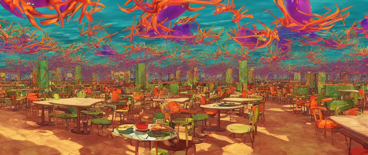 Prompt: a beautiful painting of a swarm of psychedelic mantis shrimp at a Golden Corral | graphic novel:.1 | unreal engine:.5