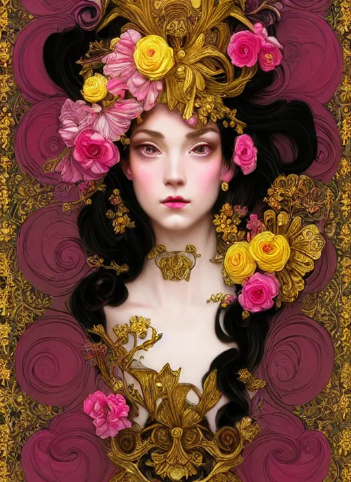 Image similar to beautiful black pink yellow, complicated gold and pink flowers in baroque style headwears, dark fantasy, intricate, elegant, highly detailed, digital painting, artstation, concept art, matte, 3 d 8 k octane rendered, sharp focus, illustration, octane rendered, art by artgerm and alphonse mucha, leesha hannigan