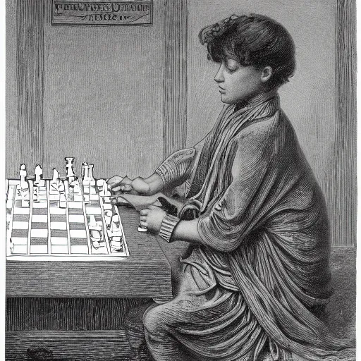 Image similar to an ancient machine, artificial intelligence chess machine, 1914 , in the style of Gustave Doré and Hito Steyerl, 35mm film