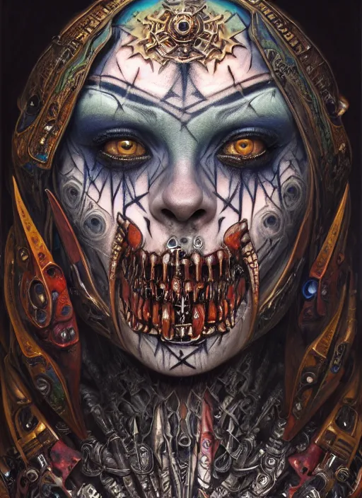 Image similar to hyper detailed masterpiece undead aztec face tattoo warrior by donato giancola and tom bagshaw, face by artgerm and edmund leighton, and h. r. giger, trending on artstation, colorful, psychedelic aesthetic, ornate, background by james jean, 8 k, biomechanical, majestic, volumetric lighting, porcelain skin, concept art, sharp focus