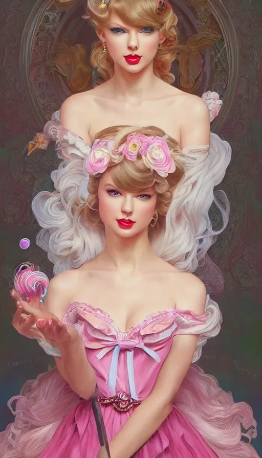 Image similar to portrait of Taylor Swift as a magical lolita girl, dreamy and ethereal, expressive pose, big pink eyes, peaceful expression, ornate frilly dress, fantasy, intricate, elegant, many rainbow bubbles, rose tones, highly detailed, digital painting, artstation, concept art, smooth, sharp focus, illustration, art by artgerm and greg rutkowski and alphonse mucha