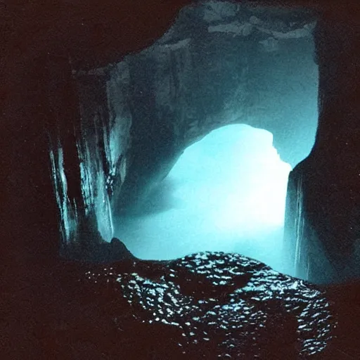 Prompt: a cave with a massive hole in the ground with a wall of water rushing closer, creepy, eerie, unsettling, terrifying, jagged rocks, dark, grainy, noisy, slightly blurry, polaroid, deep!!!!!, dark!!!