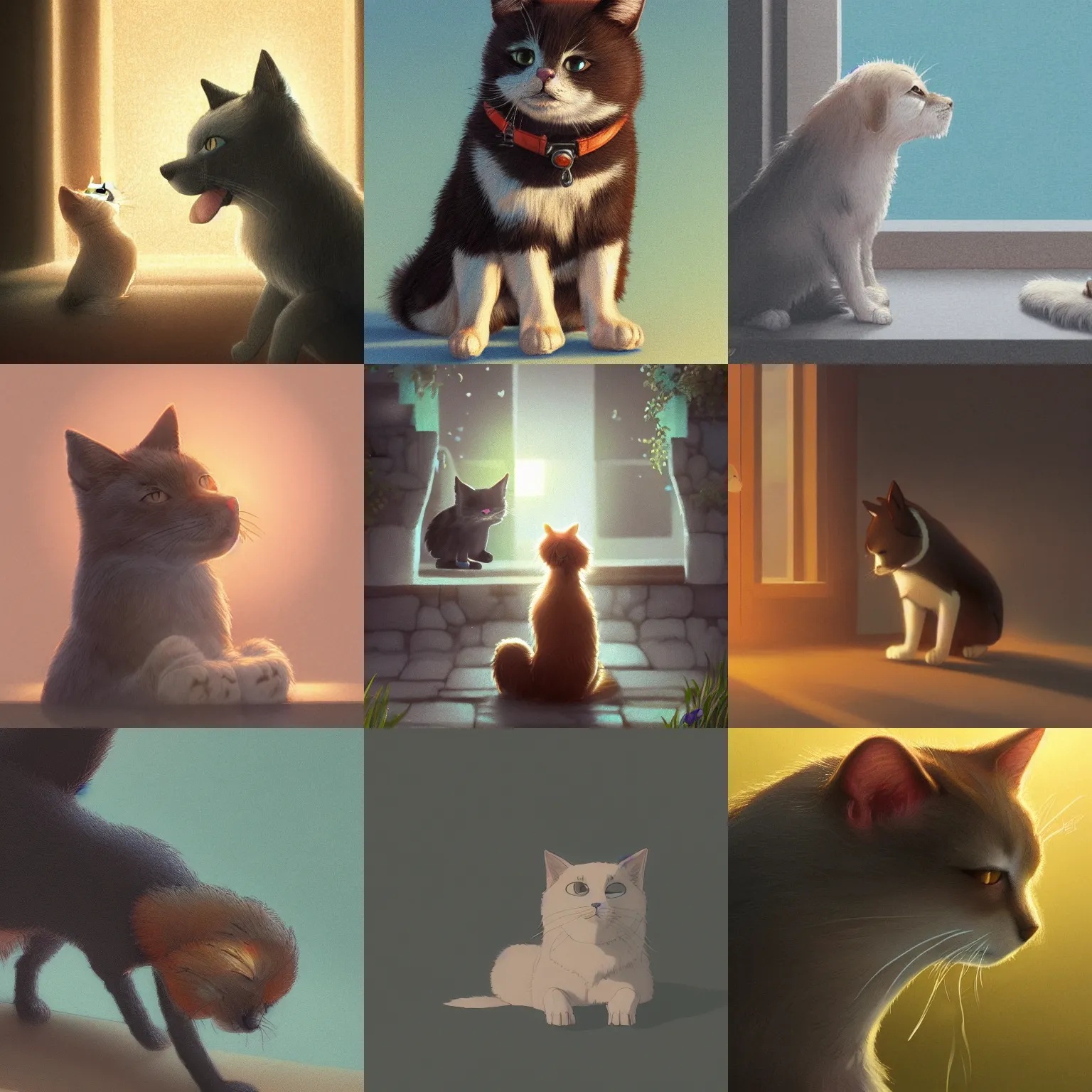 Prompt: lonely dog looking at a happy cat, finely illustrated face, highly detailed, colored pencil, studio ghibli, yihao ren, 8 k, trending in artstation, intricate, backlighting, digital painting, sharp focus, radiant light, illustration, hyperrealism, ray tracing, depth of field