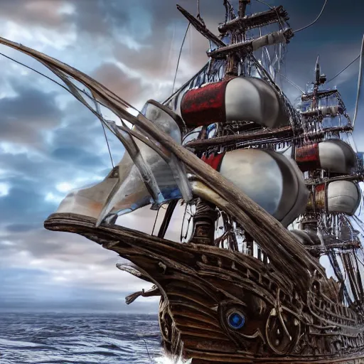 Prompt: modern metal pirate ship, highly detailed, 4k, HDR, smooth, sharp focus, hyper realistic, high resolution