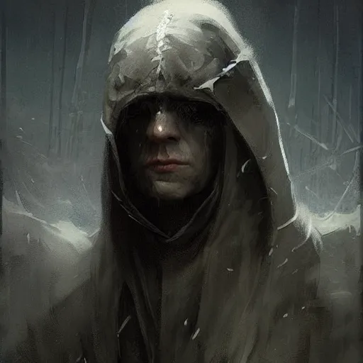Prompt: portrait of a small pale cowardly man wearing dark hood, fantasy artwork, high fantasy, by greg rutkowski