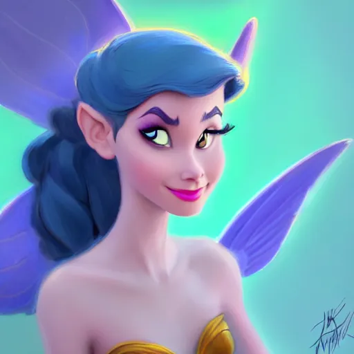 Image similar to 3 / 4 view of a portrait of a female fairy disney character with wings, confident pose, digital painting, artstation, concept art, smooth, sharp focus, illustration, trending on artstation, highly detailed, concept art, art by milt kahl, glen keane, marc davis, trending on artstation h 6 4 0