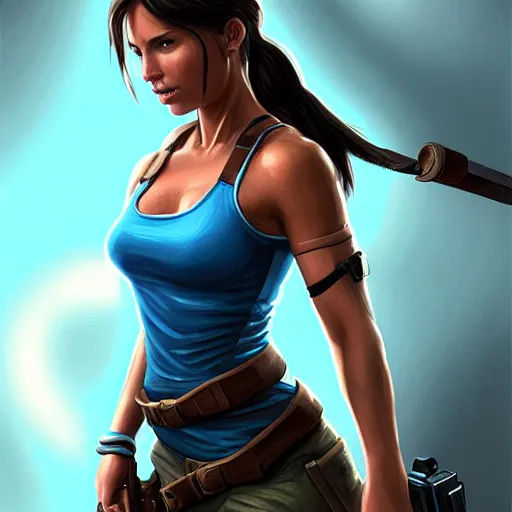 Prompt: Portrait Lara Croft wearing a blue skater dress, Tomb Raider, Alicia Vikander, beautiful, 4k oil on linen by wlop, artgerm, andrei riabovitchev, nuri iyem, james gurney, james jean, greg rutkowski, highly detailed, soft lighting 8k resolution