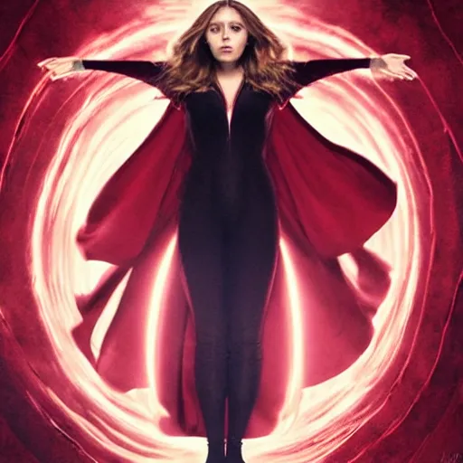 Prompt: symmetrical scarlet played by elizabeth olsen witch levitating with red powers, amazingly beautiful artwork