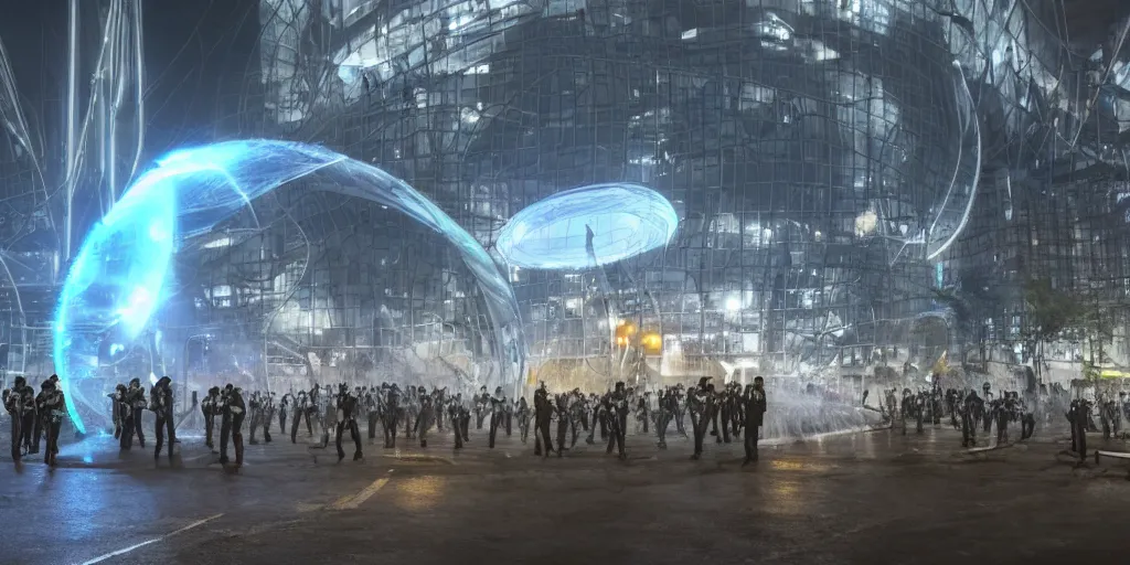 Prompt: policemen protecting a huge spiral - shaped bright white luminous attractor right in the center of the city from protesting people,, rain and light fog, professional lighting, concept art in 3 d, high detail, professional lighting, unreal engine