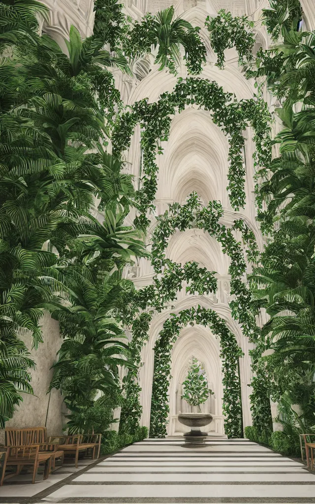 Prompt: grand cathedral interior with! koi pond in the middle! surrounded by palm trees, ivy, flowers, tropical plants, roses, and with archways, rendered in octane render with photorealistic volumetric lighting, cinematic, ultra wide angle, horizontal symmetry