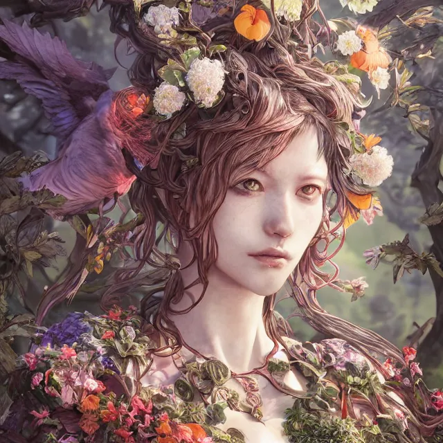 Prompt: the portrait of chaotic good female druid botanist as absurdly beautiful, gorgeous, elegant, young gravure idol, an ultrafine hyperdetailed illustration by kim jung gi, irakli nadar, intricate linework, sharp focus, bright colors, octopath traveler, unreal engine 5 highly rendered, global illumination, radiant light, detailed and intricate environment