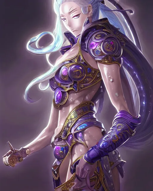 Prompt: anime portrait of an iridescent opal cyborg shinobi, intricate ornate details, morandi color scheme, fantasy, elegant, highly detailed, wide angle, digital painting, artstation, concept art, smooth, sharp focus, illustration, wallpaper, dynamic pose, splash art, league of legends, art by artgerm and greg rutkowski and bo chen and jin xiaodi