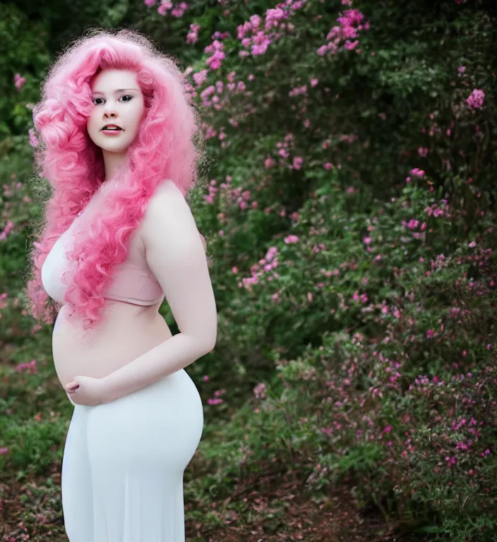 Prompt: a photograph of rose quartz from steven universe, portrait photography, 8 5 mm, iso 4 0 0, focus mode, detailed portrait, gigantic tight pink ringlets, huge curly pink hair, plus size, extremely beautiful and ethereal, warm smile, magical, white dress, pink diamond embedded in her navel, gorgeous, kind features, beautiful woman, flattering photo, daylight