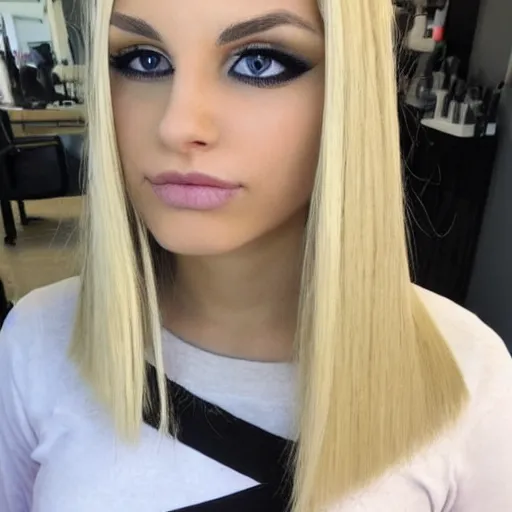 Image similar to longer blonde hair ironed, lop eared, black eye shadow