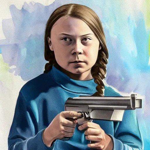 Prompt: Greta Thunberg with a gun, digital art, expressive oil painting