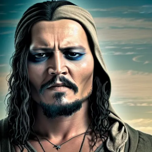 Image similar to stunning awe inspiring johnny depp as the jesus christ, movie still 8 k hdr atmospheric lighting