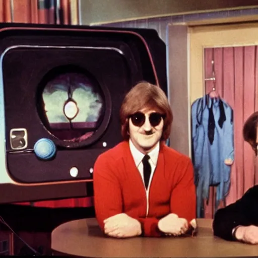 Image similar to on the full color tv set of captain kangaroo, 7 0 s color grade, guest starring john lennon