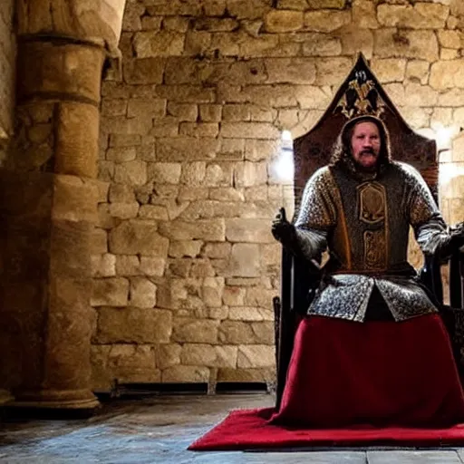 Image similar to medieval king inside castle takes a poop on his throne with people watching