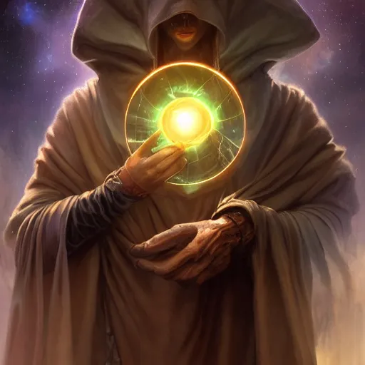 Image similar to rogue male wearing a cloak on an alien world and holding a holographic planet projection in his hand, masked face, detailed, sci - fi, digital painting, artstation, sharp focus, illustration, artgerm, tomasz alen kopera, peter mohrbacher, donato giancola, joseph christian leyendecker, wlop, frank frazetta