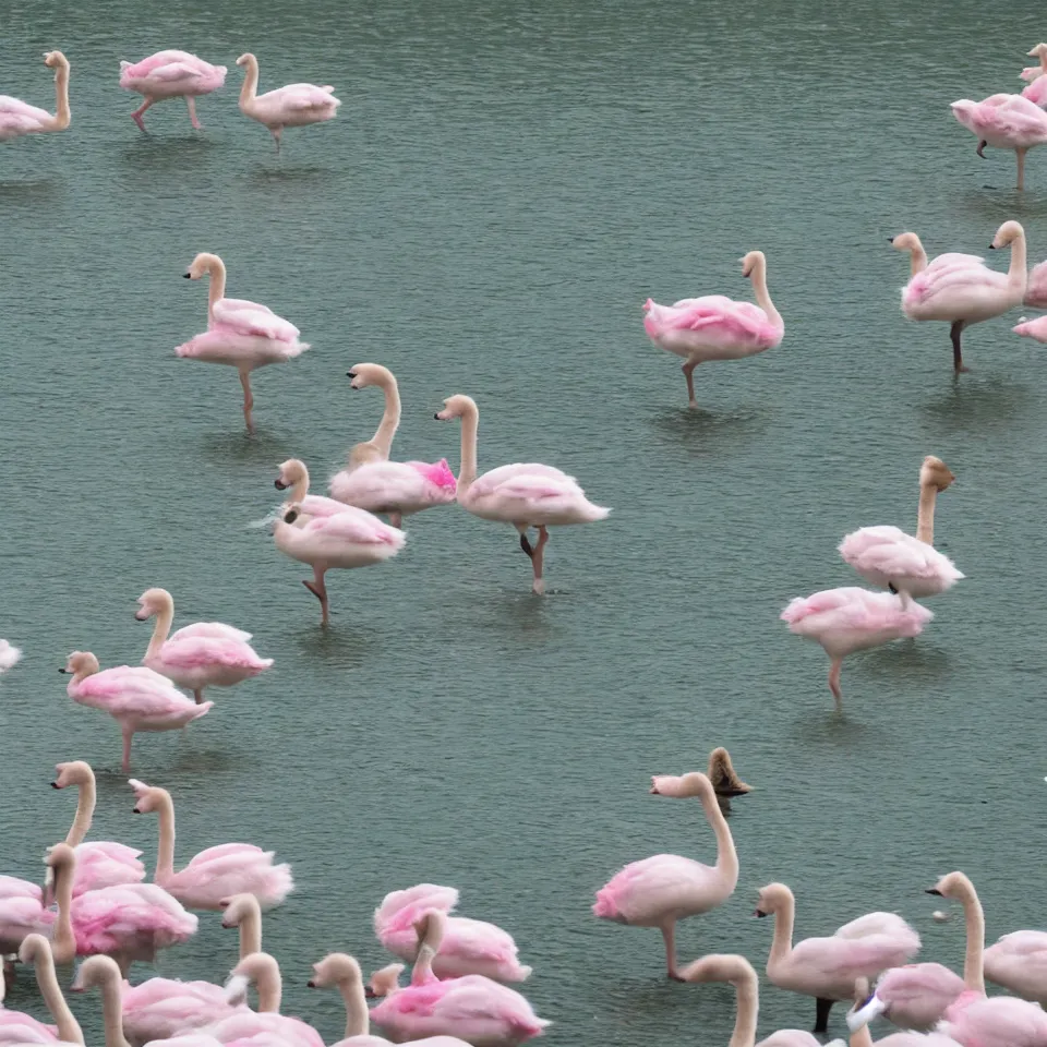 Prompt: A photograph of a cat with a human body wearing a summer dress walking on the surface of a lake surrounded by dancing pink swans