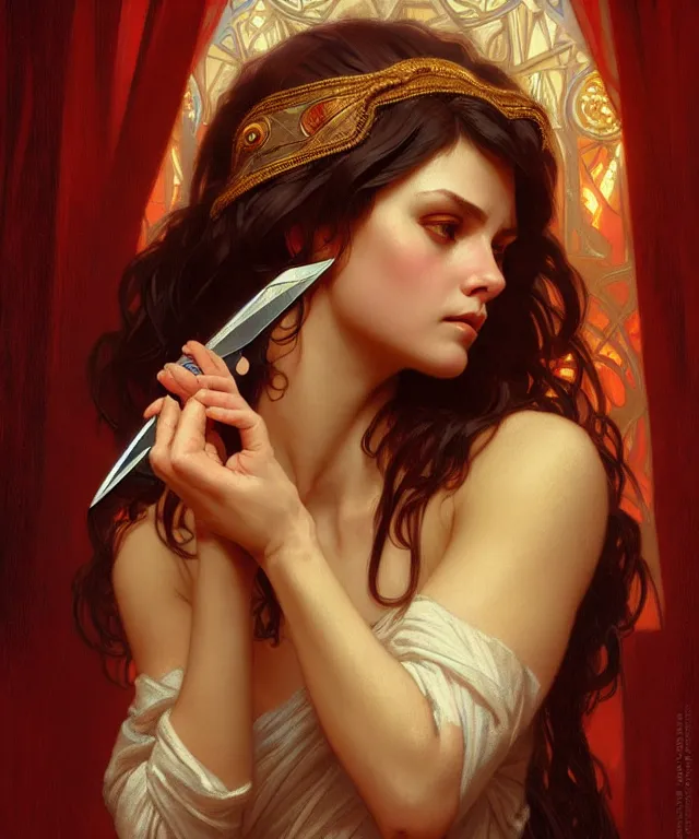 Prompt: portrait of biblical delilah holding small shears, intricate, headshot, highly detailed, digital painting, artstation, concept art, sharp focus, cinematic lighting, illustration, art by artgerm and greg rutkowski, alphonse mucha, cgsociety