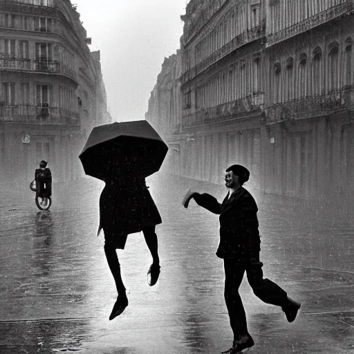 Image similar to the man leaping with an umbrella in a raining paris street, by henri cartier bresson,