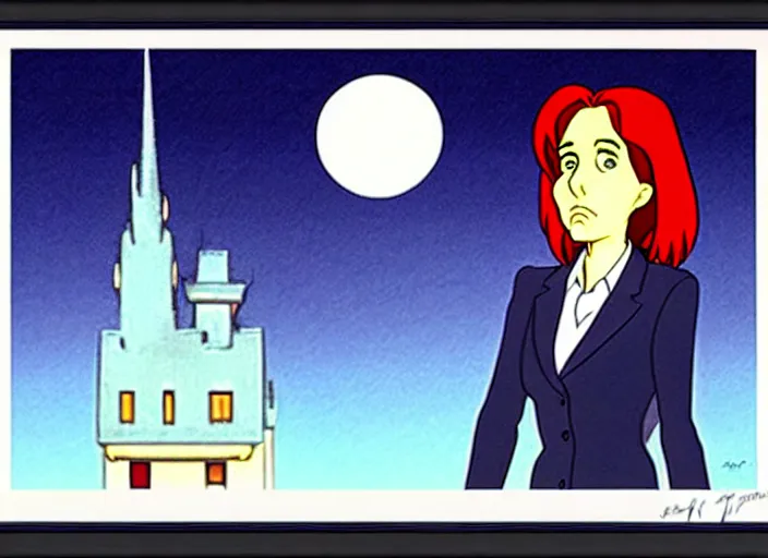 Image similar to dana scully, in the style of studio ghibli, traditional animation, sharp detail, animation cel