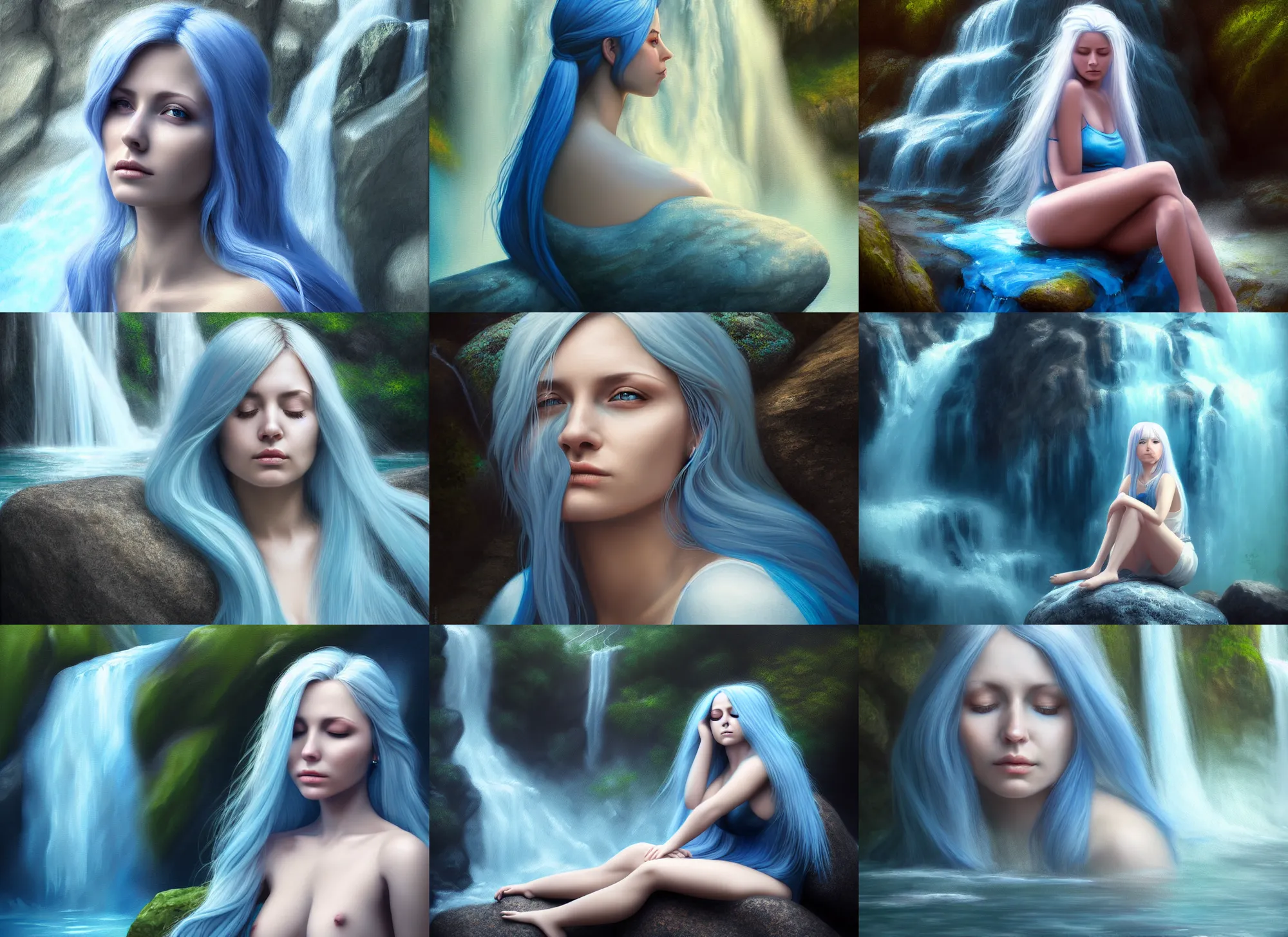 Prompt: soft painting portrait of a woman sitting on a rock under a waterfall, with closed eyes and long blue hair. highly detailed 8 k. intricate. lifelike. soft light. fantasy horror style. cinematic post - processing